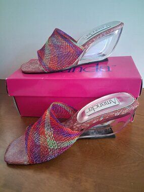 VINTAGE Amanda-Helene Multi-Woven Clear Lucite Wedge Slides Sandals 7.5M
